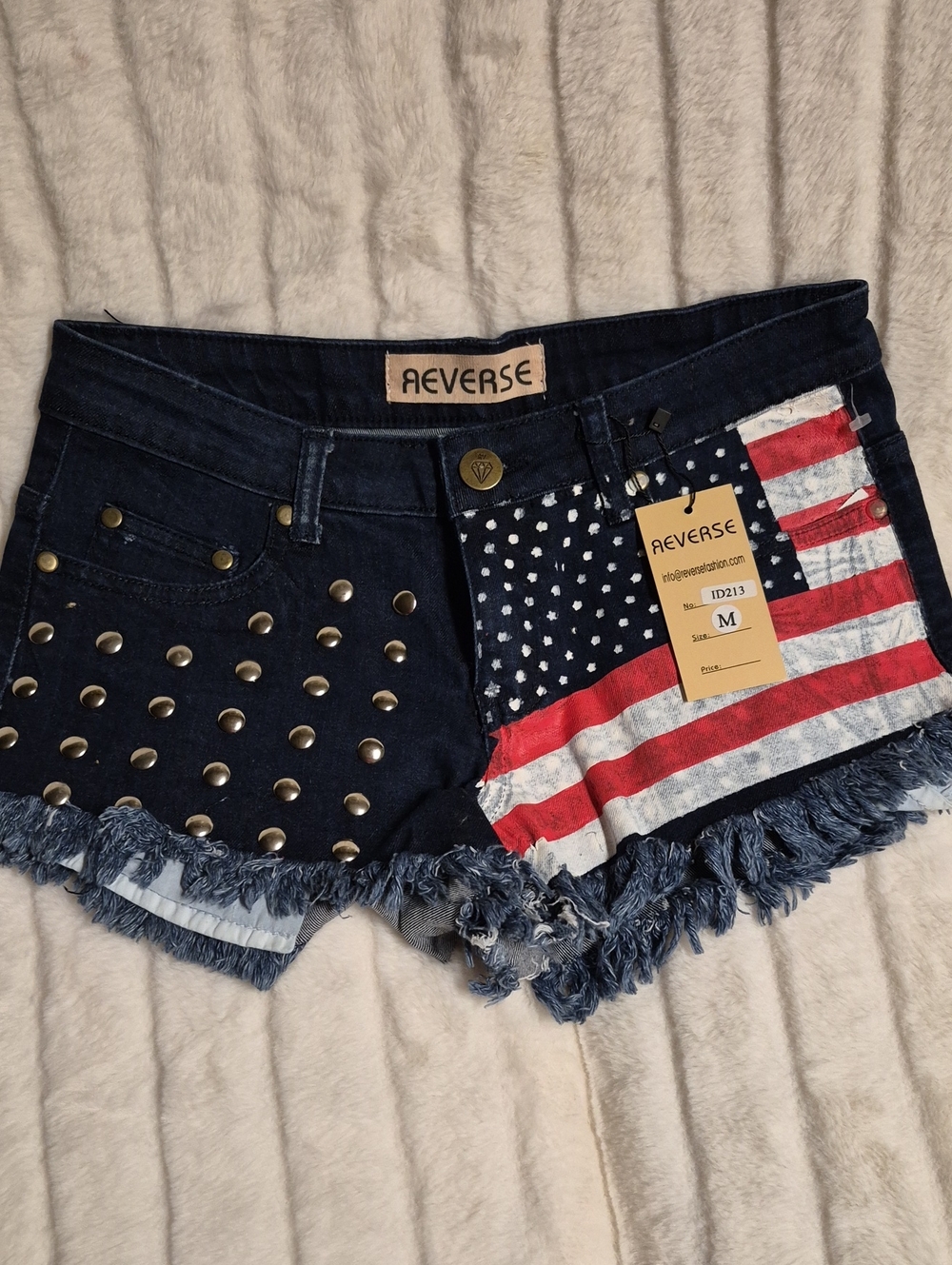 Reverse Dark Blue Denim American Flag Studded Frayed Shorts